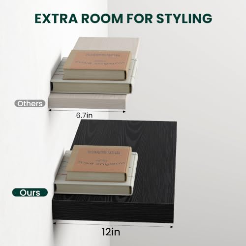 12 Inch Deep Floating Shelves Black, 48 Inch Long, 2" Thick Floating Shelves for Wall, Hidden Bracket, Scratch-Resistant Wood Grain for Bedroom Bathroom Kitchen, Coffee Bar, Bookshelf