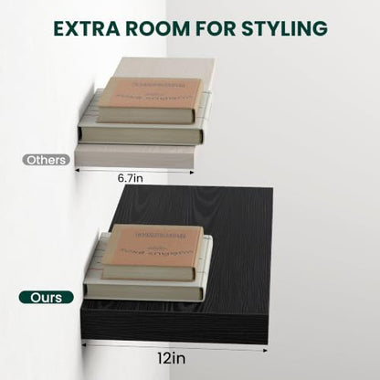 12 Inch Deep Floating Shelves Black, 48 Inch Long, 2" Thick Floating Shelves for Wall, Hidden Bracket, Scratch-Resistant Wood Grain for Bedroom Bathroom Kitchen, Coffee Bar, Bookshelf