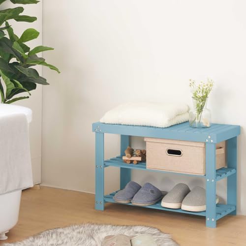 Apicizon Bamboo Shoe Rack Bench, 3-Tier Entryway Organizer, Blue