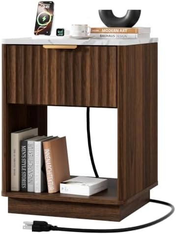 Fluted Nightstand with Charging Station, 18"W Night Stand with Faux Marble Top and Rounded Edge, FSC-Certified Wood, Mid Century Modern End Table w/Storage, Walnut Bedside Table for Bedroom