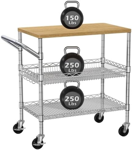 3 Tier Rolling Kitchen Carts on Wheels with Storage,650Lbs Heavy Duty Utility Carts with Wheels,Kitchen Island with Wood Tabletop,Metal Serving Rolling Cart for Small Appliance Food Cart,Wood+Metal