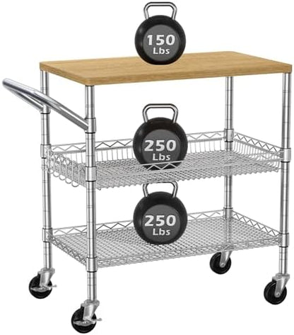3 Tier Rolling Kitchen Carts on Wheels with Storage,650Lbs Heavy Duty Utility Carts with Wheels,Kitchen Island with Wood Tabletop,Metal Serving Rolling Cart for Small Appliance Food Cart,Wood+Metal