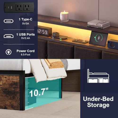 Queen Bed Frame with Storage Drawers, Upholstered Headboard with LED Lights and Charging Station, Metal Platform Bed with 2-Tier Storage Shelves, Noise Free, No Box Spring Needed