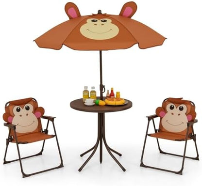 Costzon Kids Picnic Table, Kids Outdoor Table with 2 Folding Chairs, Height Adjustable Umbrella, Portable Children Outdoor Furniture for Patio, Garden, Backyard (Brown)