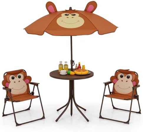 Costzon Kids Picnic Table, Kids Outdoor Table with 2 Folding Chairs, Height Adjustable Umbrella, Portable Children Outdoor Furniture for Patio, Garden, Backyard (Brown)