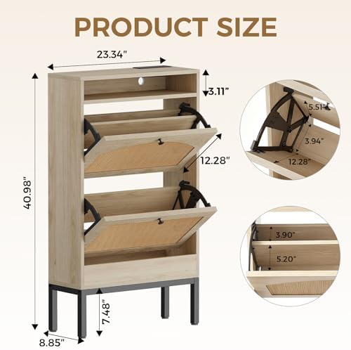 COMHOMA Shoe Cabinet with Charging Station, Slim Hidden Flip-Down Shoe Storage Organizer with Adjustable Shelves, Narrow Entryway Shoe Rack with Anti-Tip Kit (White Rattan)