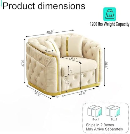41" Luxury Oversized Velvet Chesterfield Sofa with 2 Pillow & Gold Stainless Decoration, Italian Modern Style 1-Seater Button Tufted Couch with Rolled Arms, Easy Assembly, for Living Room, Beige