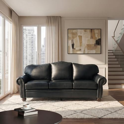 HULALA Home 81" Genuine Leather Sofa with Rolled Armrests, Black