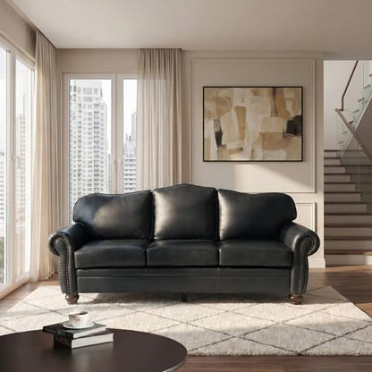 HULALA Home 81" Genuine Leather Sofa with Rolled Armrests, Black