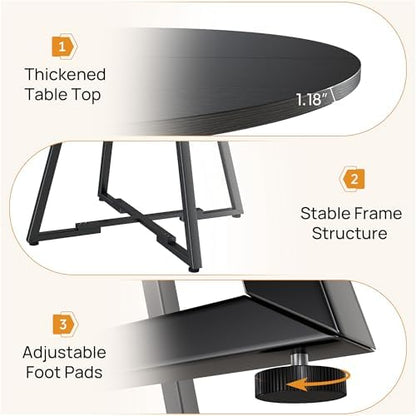 Alpen 47" Round Dining Table for 4-6, Small Kitchen Table with Storage Shelf, Wood Circle Table with Pedestal Metal Frame, Small Space Table for Apartment, Dining Room, Black