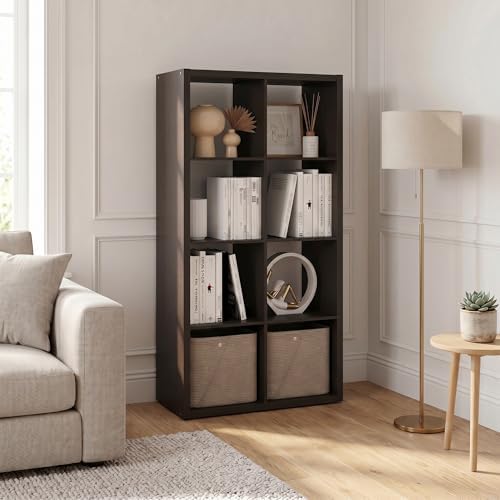 8-Cube Bookshelf, Cubicle Shelf Bookcase with Open Back, Position Reversible Book Shelf, 15 x 30 x 58, for Home Office, Living Room, Dark Oak
