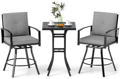 Tangkula 3 Pieces Patio Swivel Bar Set, Outdoor Metal Bar Table and Chairs Set with Soft Cushions and 1.57” Umbrella Hole, Counter Height Patio Bistro Set with Armrests for Lawn, Garden (Gray)