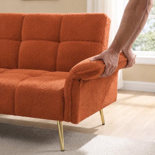 70.1" Convertible Futon Sofa Bed, Teddy Loveseat Couches, Orange