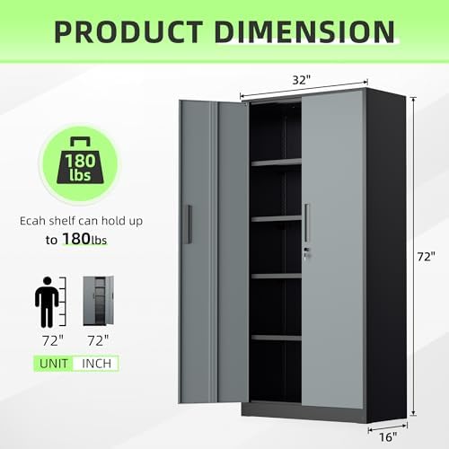 Bonusall 72" Metal Garage Storage Cabinet, 2 Locking Doors & 4 Adjustable Shelves Tall Storage, Heavy Duty Steel Tool Cabinet for Home, Office, Warehouse, School (Black Grey)