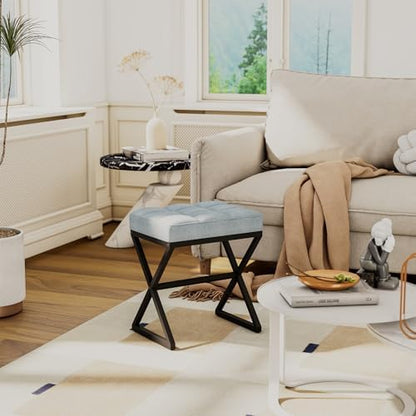 YMYNY Vanity Stool, Linen Footrest Stool, Ottoman Bench with X-Shaped Metal Legs, Makeup Dressing Stool for Vanity, Living Room, Bedroom, Entryway, Hallways 15.74"D×11.81"W×18.11"H Blue Gray UHBD033L