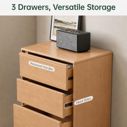 100% Solid Wood Nightstand, Wide Tall NightStand with 3 Drawers for Bedroom, Modern Design for Bedroom, Living Room, Closet, Natural Rubber(23.93" W x 15.74" D x 29.52" H)