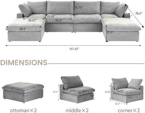 160.6'' Cloud Couch Modular Sectional Sofa with Thick Cushion,U Shaped Sofa Convertible Couch with Storage Ottomans for Living Room,Cover Washable & Removables