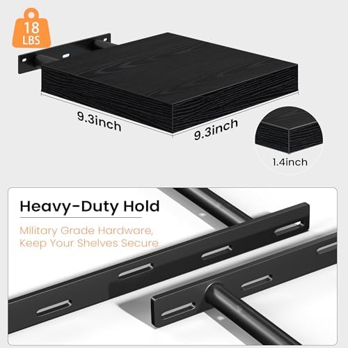 Small Floating Shelves for Wall Decor (Black, Set of 4, 9.3"x9.3")