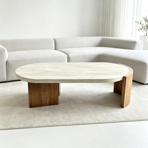 48.42" Oval Faux Travertine Coffee Table Walnut Marble