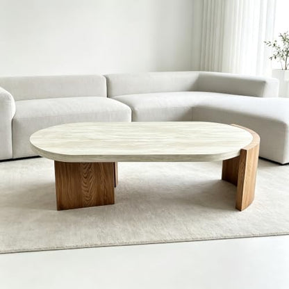 48.42" Oval Faux Travertine Coffee Table Walnut Marble