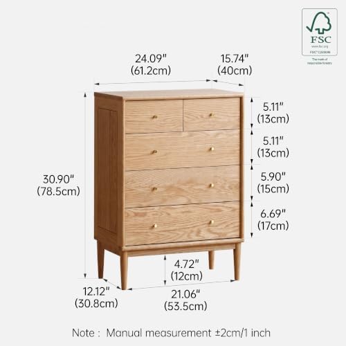 Solid Wood Dresser, 5 Drawer Dresser for Bedroom, Solid Wood Storage Organizer, Modern Chest of Drawers for Living Room, Hallway, Closet, Natural Oak (21" W x 16" D x 31" H)