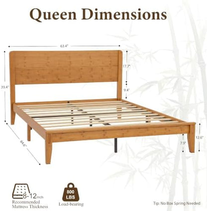 Solid Bamboo Queen Bed Frame with Headboard, Japanese Joinery