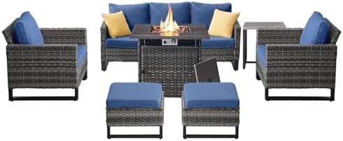 Belord 7 Pieces Patio Furniture Set with 50000BTU Propane Fire Pit Table: Wicker Patio Conversation Set with Outdoor Club Chairs Patio Couch Metal Side Table, All Weather Brown Rattan