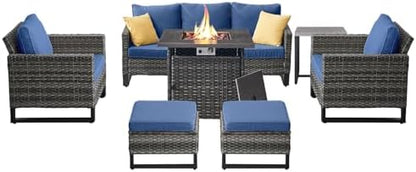 Belord 7 Pieces Patio Furniture Set with 50000BTU Propane Fire Pit Table: Wicker Patio Conversation Set with Outdoor Club Chairs Patio Couch Metal Side Table, All Weather Brown Rattan