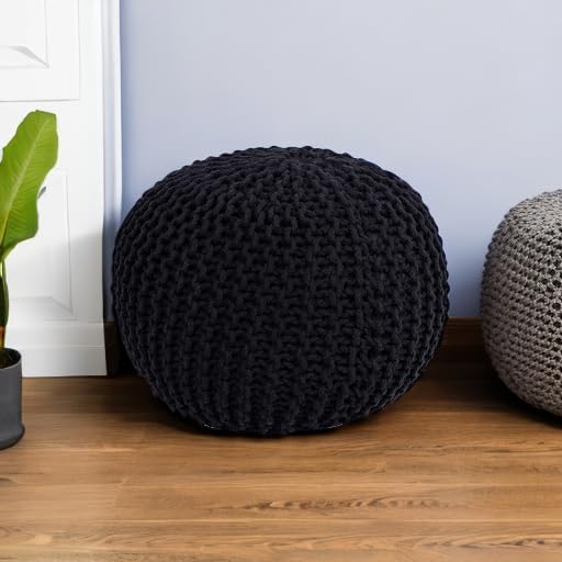 BIRDROCK HOME Round Pouf Ottoman Foot Rest - 18.5”x18.5”x15” Boho Compact Comfortable Soft Cotton Braided Foot Stool with Bean Bag Filling for Living Room, Bedroom, or Nursery (Black)