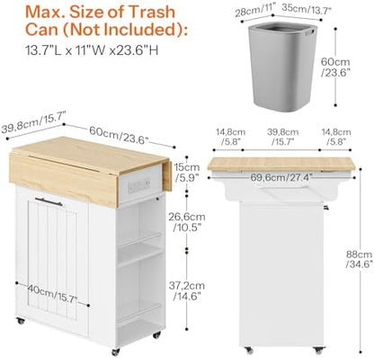 HOOBRO Kitchen Island with Trash Can Storage, Rolling Kitchen Island with Drop Leaf Countertop, Island Table with Power Outlet & Spice Rack, for 10 Gallon Garbage Bin, White and Natural WN33UZD01