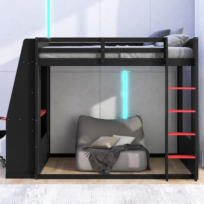 Queen Size Wooden Gaming Bunk Bed with Desk Black+Red1