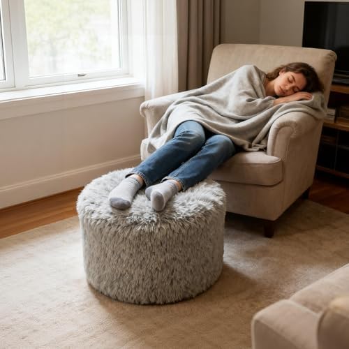 Round Pouf Ottoman Foot Rest, 19"×15" Soft Foam Filled Foot Stool, Lightweight Decorative Pouf for Living Room, Bedroom or Couch, Modern Small Ottoman for Relaxing, Grey