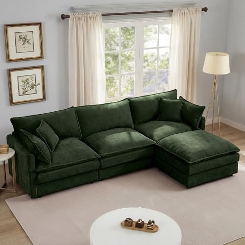 Modern 102" L Shaped Sectional Sofa Cloud Couch, Modern Chenille Comfy Modular Sleeper Sofa, Upholstery Sofa with Ottoman & Memory Foam for Living Room, Green