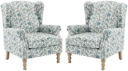 Mid Century Floral Wingback Chairs Set of 2 with Nailhead Trim