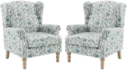 Mid Century Floral Wingback Chairs Set of 2 with Nailhead Trim