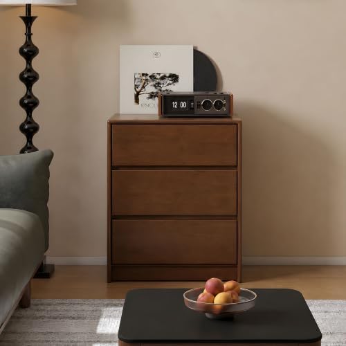 100% Solid Wood Nightstand, Wide Tall NightStand with 3 Drawers for Bedroom, Modern Design for Bedroom, Living Room, Closet, Walnut Rubber(23.93" W x 15.74" D x 29.52" H)