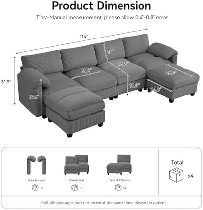 Modular Sectional Sofa, 114'' Corduroy Deep Seat U Shaped Couch, Grey