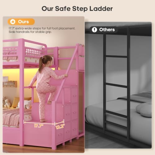 Bunk Bed Twin Over Twin with Stairs, Storage Drawers and LED Lights