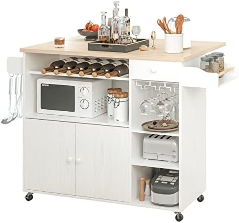 IRONCK Rolling Kitchen Island Cart with Drop-Leaf and Wine Rack, White