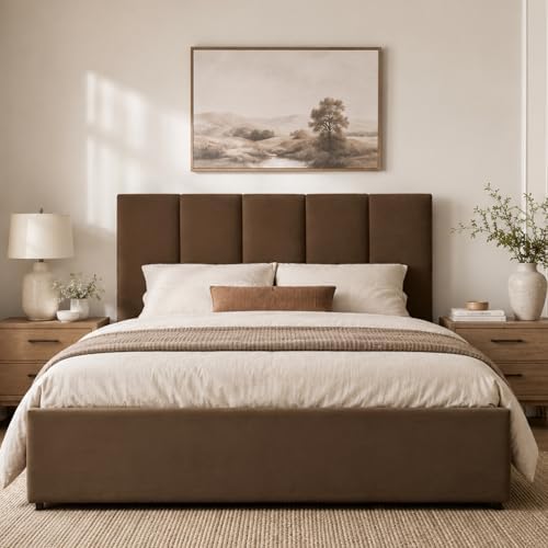VELOCAVA Queen Size Storage Bed Frame with 4 Drawers, Upholstered Platform Bed with Under Bed Storage, Vertical Channel Headboard, Wood Slat Support, No Box Spring Needed, Warm Brown