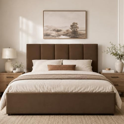 VELOCAVA Queen Size Storage Bed Frame with 4 Drawers, Upholstered Platform Bed with Under Bed Storage, Vertical Channel Headboard, Wood Slat Support, No Box Spring Needed, Warm Brown