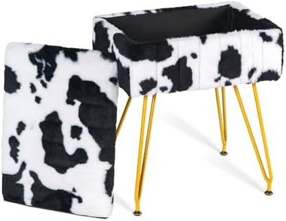 Multifunctional Vanity Stool Chair for Vanity, Padded Seat, Storage Ottoman in Rectangle Fuzzy Fluffy Design, Footrest and 4 Gold Legs for Makeup Room, Bedroom, Living Room, Cow