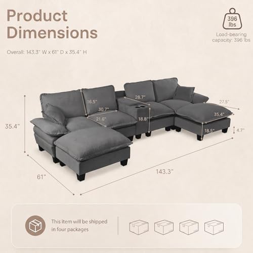 143.3" Oversized Sectional Couches with Cup Holder & USB Port, 4 Seat U-Shape Boneless Couch with 2 Ottomans & Pillows, Chenille Modern Cloud Grey Sofa for Living Room, Apartment