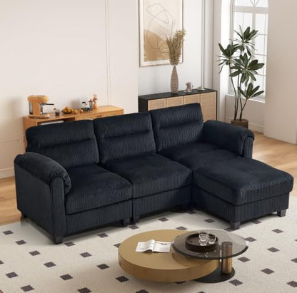 HAOMARKETS 90" Wide Modular L Shaped Sofa Couch with Movable Ottoman, Convertible Corduroy Sectional Couches with Reversible Chaises and Rolled Arm for Living Room,Black