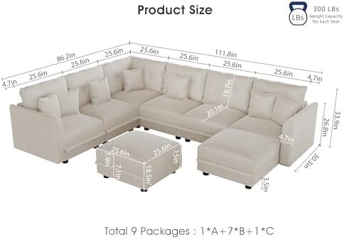 LLappuil Modular Storage Sectional Sofa with Ottoman, U Shaped 8-Seat Corduroy Couch with 7 Throw Pillows, Convertible Sofa Set for Living Room, Skin-Friendly & Soft, Scratch Resistant, Beige