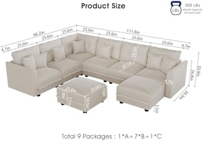 LLappuil Modular Storage Sectional Sofa with Ottoman, U Shaped 8-Seat Corduroy Couch with 7 Throw Pillows, Convertible Sofa Set for Living Room, Skin-Friendly & Soft, Scratch Resistant, Beige