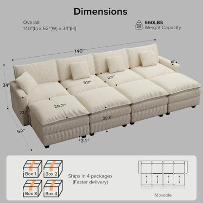 Oversized Cloud Couch Sectional, Deep Seat Modular Sofa with Ottoman, Beige