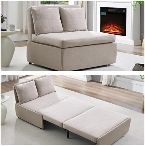 Mjkone 43" W Twin Size Pull Out Sofa Bed, 2 in 1 Convertible Linen Sleeper Chair Sofa Couch Bed with Pillows, Sofa Chair Sleeper Living Room Furniture for Small Place Apartment Home Office, Beige