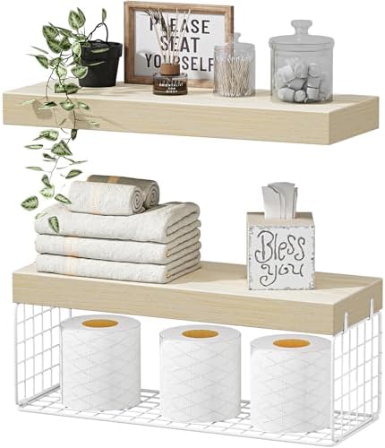 QEEIG Bathroom Shelves Over Toilet Wall Mounted (Natural, Set of 2, 15.7")