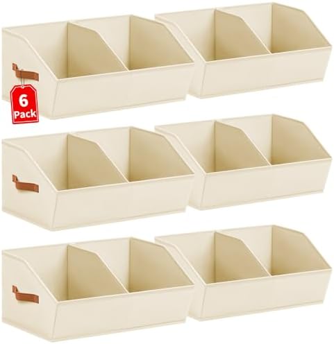 Closet Organizers and Storage Bins - 6 Pack Collapsible Divided Trapezoidal Cube Storage Bins Baskets with Orange Handle for Organizing Clothes Blankets, Toys, Books, Towels(Beige)